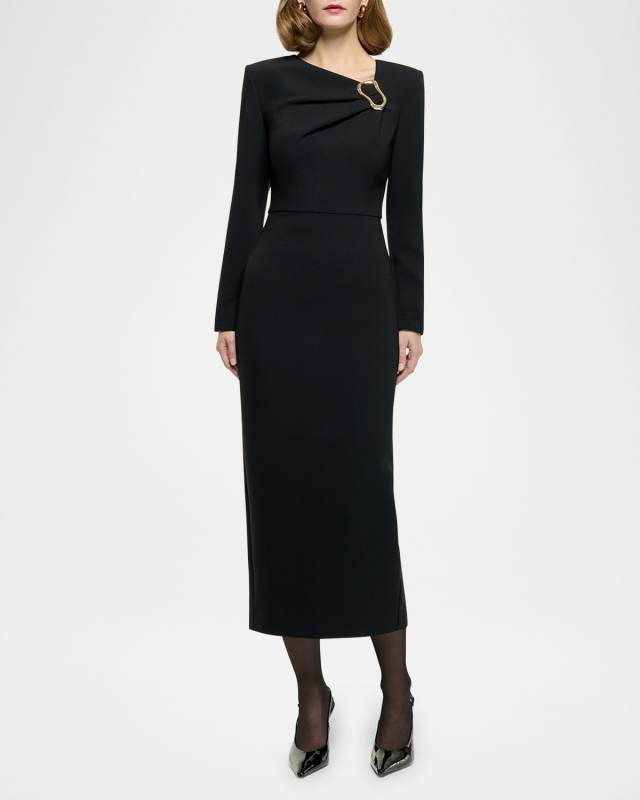 Buckle Long-Sleeve Crepe Midi Dress